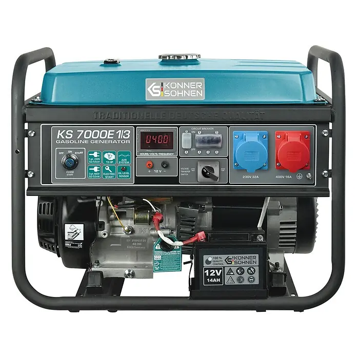 Könner & Söhnen Stromerzeuger KS 7000E 1/3 - Tankvolumen: 25 l - Blauer und schwarzer Könner & Söhnen KS 7000E 1/3 Benzingenerator. Mit Bedienfeld, Steckdosen, Schaltern und Digitalanzeige.