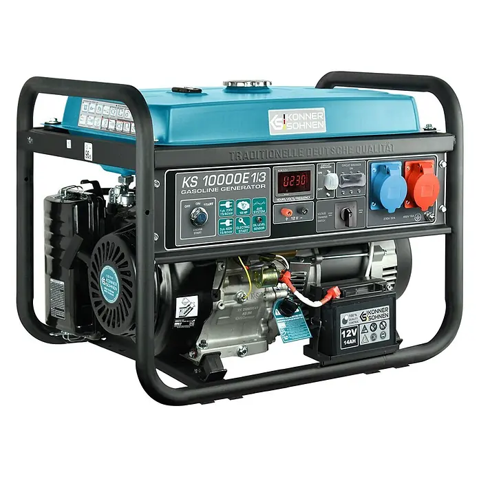 Könner & Söhnen Stromerzeuger KS 10000E 1/3 - Tankvolumen: 25 l - Blauer und schwarzer Benzingenerator von Könner & Söhnen mit robustem Rahmen, Bedienfeld und Steckdosen.