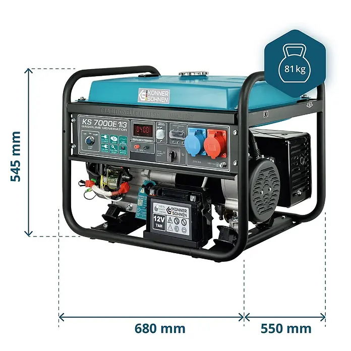 Könner & Söhnen Stromerzeuger KS 7000E 1/3 - Tankvolumen: 25 l - KS 7000E 1/3 Benzingenerator, türkis und schwarz, 81 kg. Maße: 545x680x550 mm, mit Elektrostart und Bedienfeld.