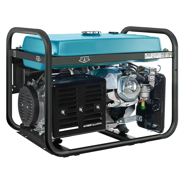 Könner & Söhnen Stromerzeuger KS 10000E 1/3 - Tankvolumen: 25 l - Ein tragbarer Generator mit schwarzem Schutzrahmen, türkisfarbenem Kraftstofftank und sichtbaren silbernen Motorkomponenten.
