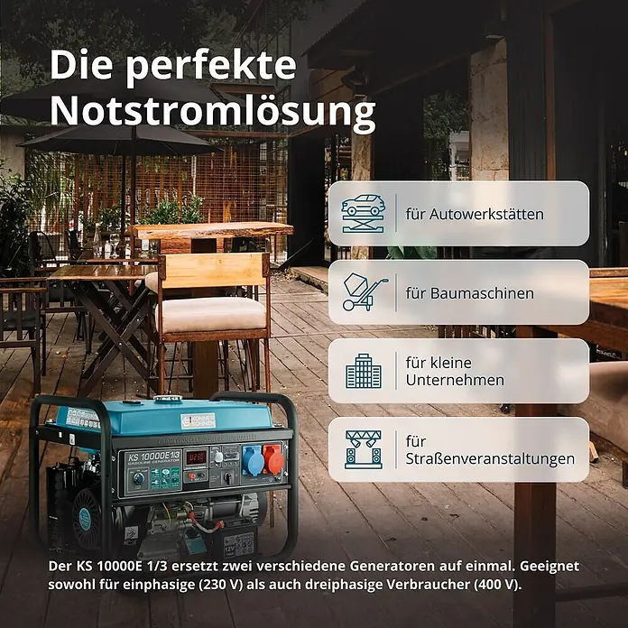 Könner & Söhnen Stromerzeuger KS 10000E 1/3 - Tankvolumen: 25 l - Ein blauer und schwarzer Benzingenerator KS 10000E 1/3 auf einem Holzdeck im Freien, bereit für verschiedene Stromanforderungen.