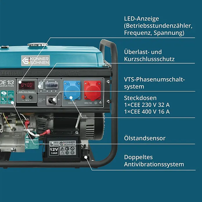 Könner & Söhnen Stromerzeuger KS 7000E 1/3 - Tankvolumen: 25 l - Ein blau-schwarzer Generator, der sein Bedienfeld, Steckdosen und Hauptfunktionen wie LED-Anzeige und Antivibrationssystem zeigt.
