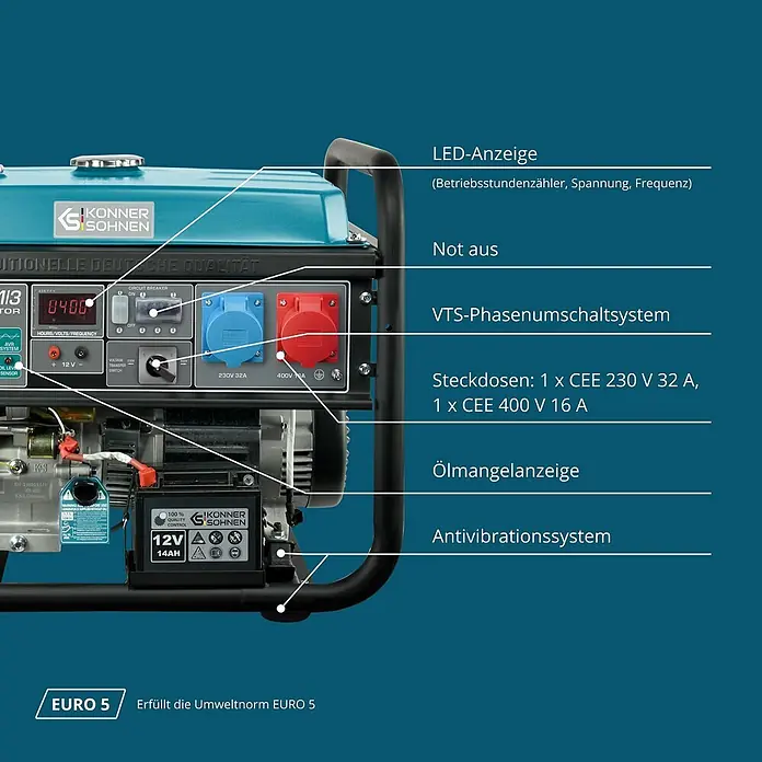 Könner & Söhnen Stromerzeuger KS 10000E 1/3 - Tankvolumen: 25 l - Blauer und schwarzer Stromerzeuger mit Bedienfeld, LED-Anzeige und verschiedenen Steckdosen.