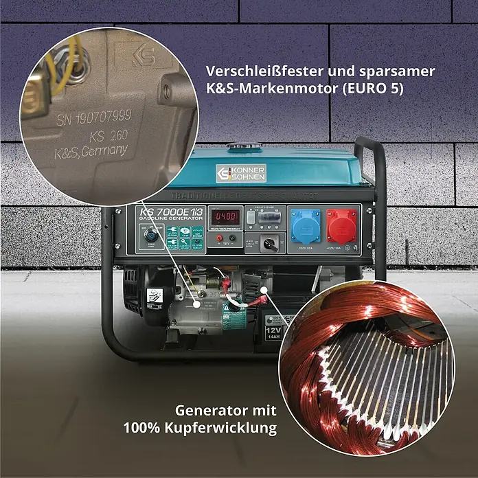 Könner & Söhnen Stromerzeuger KS 7000E 1/3 - Tankvolumen: 25 l - Ein blau-schwarzer K&S Benzingenerator mit deutschem Motor und 100% Kupferwicklung.
