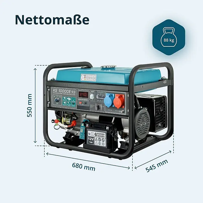 Könner & Söhnen Stromerzeuger KS 10000E 1/3 - Tankvolumen: 25 l - Benzingenerator Konner & Sohnen KS 10000E 1/3 mit blauem Gehäuse und schwarzem Rahmen, Maße 680x545x550 mm, Gewicht 88 kg.