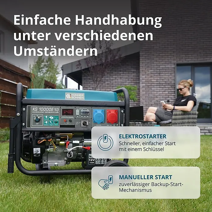 Könner & Söhnen Stromerzeuger KS 10000E 1/3 - Tankvolumen: 25 l - Ein teal-schwarzer Benzingenerator mit Elektro- und manuellem Start, draußen.
