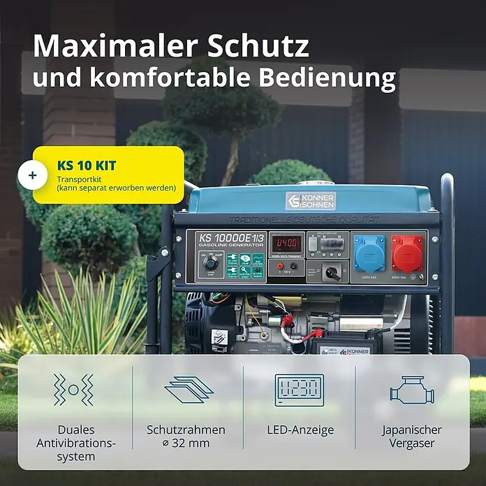 Könner & Söhnen Stromerzeuger KS 10000E 1/3 - Tankvolumen: 25 l - Blauer und schwarzer Konner & Sohnen Benzingenerator mit robustem Rahmen, LED-Anzeige und Bedienfeld, draußen stehend.