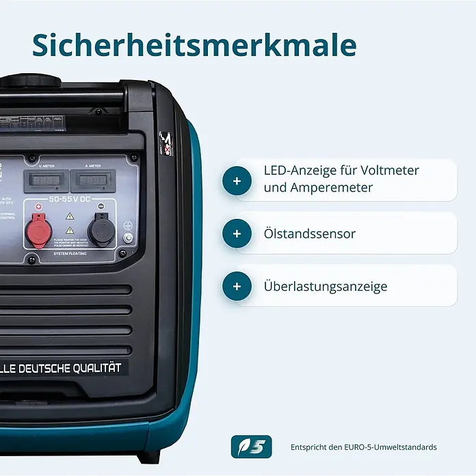 Könner & Söhnen Stromerzeuger KS 48VS-DC - Nennleistung: 3,3 kW, Tankvolumen: 12 l - Bedienfeld eines petrolfarbenen und schwarzen Generators mit LED-Anzeigen und Gleichstromanschlüssen.
