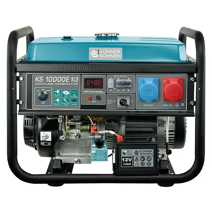 Könner & Söhnen Stromerzeuger KS 10000E 1/3 - Tankvolumen: 25 l - Ein türkiser und schwarzer Konner & Sohnen Benzingenerator mit Bedienfeld, mehreren Steckdosen und Batterie.