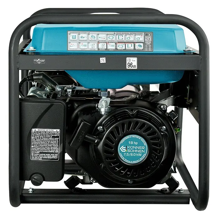 Könner & Söhnen Stromerzeuger KS 10000E 1/3 - Tankvolumen: 25 l - Ein blau-schwarzer tragbarer Stromgenerator mit Metallrahmen, 18 PS und 7,5/8,0 kW Leistung.
