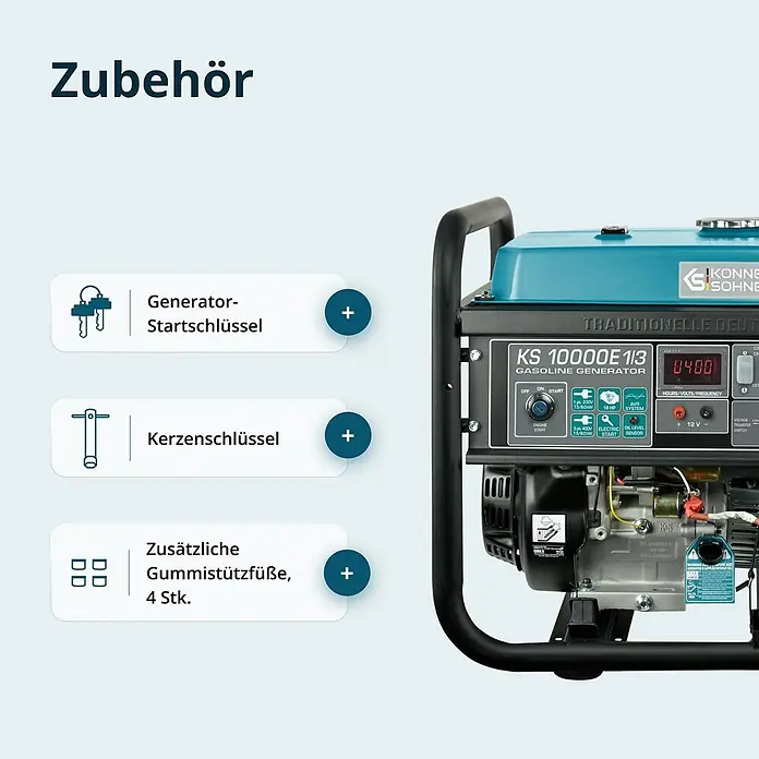 Könner & Söhnen Stromerzeuger KS 10000E 1/3 - Tankvolumen: 25 l - Hellblau-schwarzer Benzingenerator und Zubehör: Anlasserschlüssel, Kerzenschlüssel und 4 Gummistützfüße.