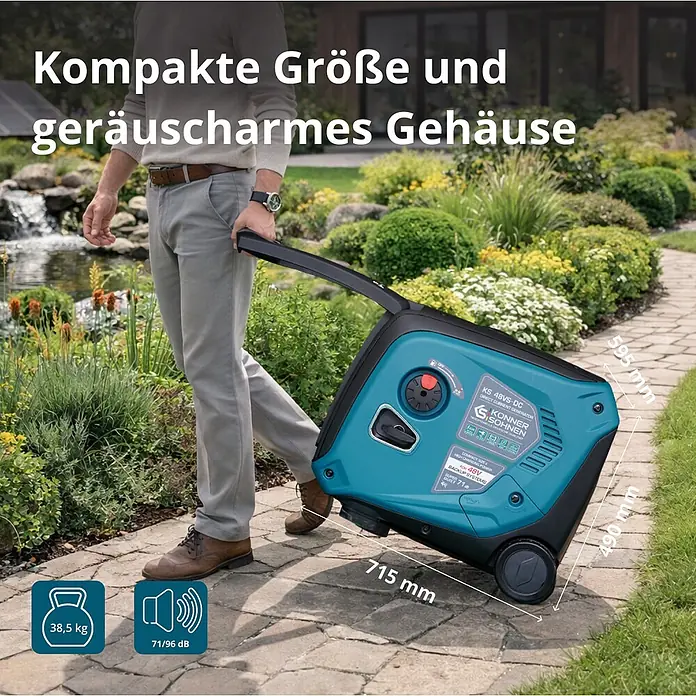 Könner & Söhnen Stromerzeuger KS 48VS-DC - Nennleistung: 3,3 kW, Tankvolumen: 12 l - Eine Person zieht einen türkisfarbenen und schwarzen tragbaren Generator mit Rädern auf einem gepflasterten Weg.