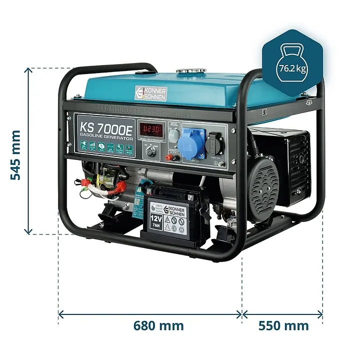 Könner & Söhnen Stromerzeuger KS 7000E - Nennleistung: 5 kW, Tankvolumen: 25 l - Könner & Söhnen KS 7000E Benzingenerator mit türkisfarbenem Tank, schwarzem Rahmen, Bedienfeld, Maße 680x550x545mm, Gewicht 76,2 kg.