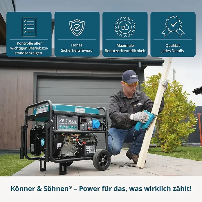 Könner & Söhnen Stromerzeuger KS 7000E - Nennleistung: 5 kW, Tankvolumen: 25 l - Eine Person nutzt einen türkis-schwarzen Könner & Söhnen KS 7000E Benzingenerator, um eine Schleifmaschine für Holz zu betreiben. Der Generator steht draußen.