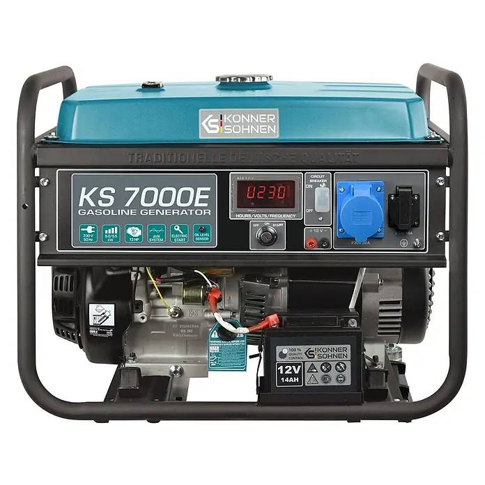 Könner & Söhnen Stromerzeuger KS 7000E - Nennleistung: 5 kW, Tankvolumen: 25 l - Könner & Söhnen KS 7000E Benzingenerator mit türkisfarbenem Gehäuse, schwarzem Rahmen, Bedienfeld und Steckdosen.