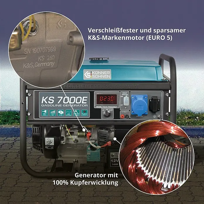 Könner & Söhnen Stromerzeuger KS 7000E - Nennleistung: 5 kW, Tankvolumen: 25 l - Könner & Söhnen Benzingenerator mit EURO 5 Motor, Digitalanzeige und 100% Kupferwicklung.