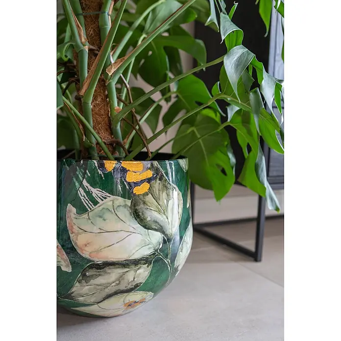 Ter Steege Übertopf rund Bee - Ø x H: 20 x 16 cm, Metall, Grün - Monstera-Pflanze in einem runden, grünen Ziertopf mit bemalten Blättern und Goldakzenten, in Innenräumen.
