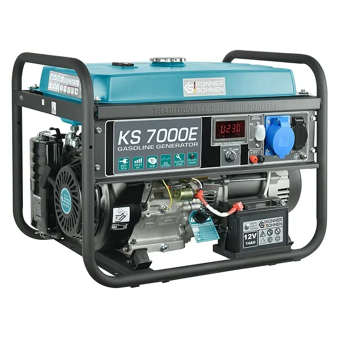 Könner & Söhnen Stromerzeuger KS 7000E - Nennleistung: 5 kW, Tankvolumen: 25 l - Konner & Sohnen KS 7000E Benzingenerator mit blauem Tank, schwarzem Rahmen, Digitalanzeige und Steckdosen für tragbaren Strom.