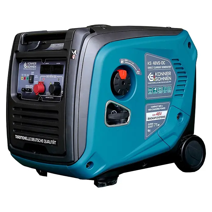 Könner & Söhnen Stromerzeuger KS 48VS-DC - Nennleistung: 3,3 kW, Tankvolumen: 12 l - Ein türkis-schwarzer tragbarer Gleichstromgenerator mit Bedienfeld, Griff und Rädern für 48V-Backup-Systeme.