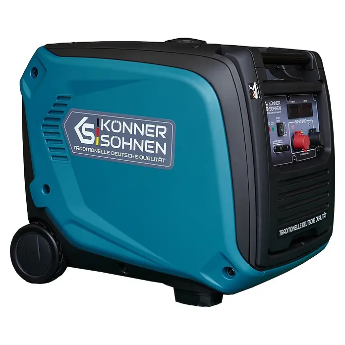 Könner & Söhnen Stromerzeuger KS 48VS-DC - Nennleistung: 3,3 kW, Tankvolumen: 12 l - Türkiser und schwarzer tragbarer Inverter-Generator mit Rädern und Bedienfeld mit Display und Anschlüssen.