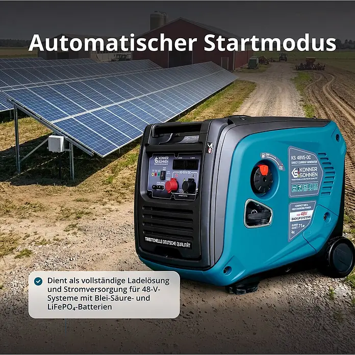 Könner & Söhnen Stromerzeuger KS 48VS-DC - Nennleistung: 3,3 kW, Tankvolumen: 12 l - Türkiser und schwarzer tragbarer Gleichstromgenerator neben Solarmodulen, bietet automatische Ladung für 48V Batteriesysteme.
