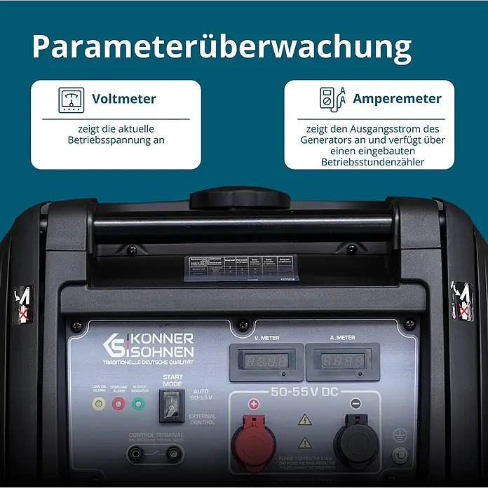 Könner & Söhnen Stromerzeuger KS 48VS-DC - Nennleistung: 3,3 kW, Tankvolumen: 12 l - Nahaufnahme des schwarzen Bedienfelds eines Generators mit Voltmeter, Amperemeter, Anzeigen und Anschlüssen.