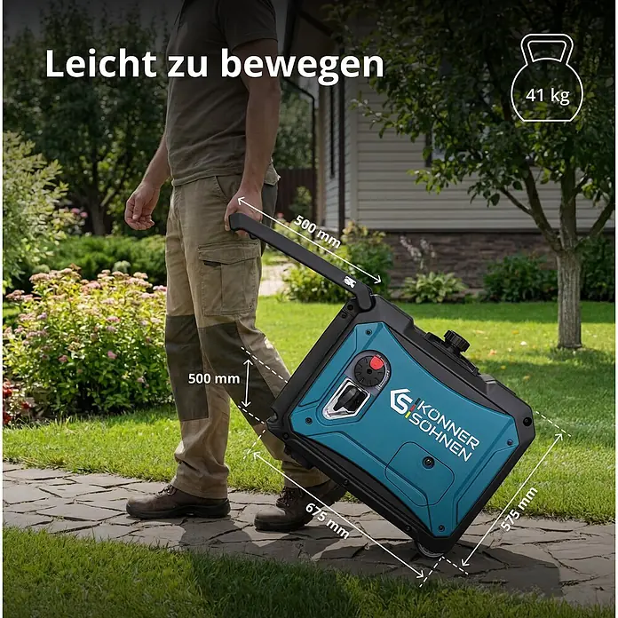 Könner & Söhnen Stromerzeuger KS 4000iEG S - Nennleistung: 4 kW, Tankvolumen: 12 l - Blauer und schwarzer Generator auf Rädern, von einer Person in einem Garten gezogen, mit 41 kg Gewicht und Maßen.