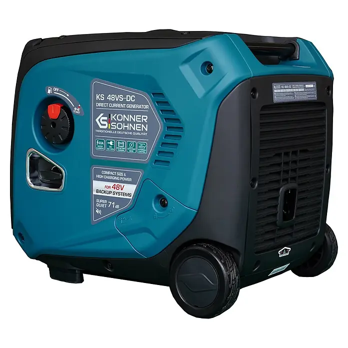 Könner & Söhnen Stromerzeuger KS 48VS-DC - Nennleistung: 3,3 kW, Tankvolumen: 12 l - Ein teal-schwarzer Könner & Söhnen KS 48VS-DC Gleichstromgenerator, kompakt mit Rädern und Griff, für 48V-Backup-Systeme.