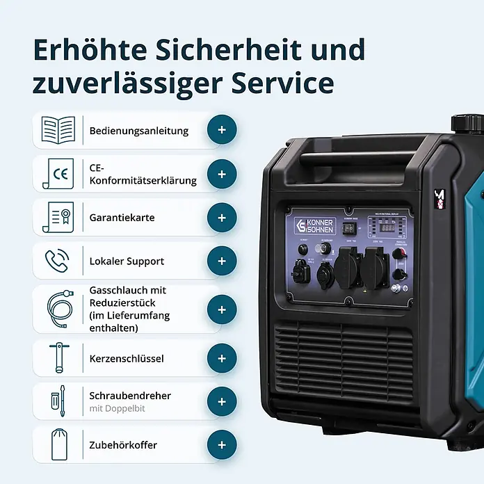 Könner & Söhnen Stromerzeuger KS 4000iEG S - Nennleistung: 4 kW, Tankvolumen: 12 l - Ein schwarzer und türkiser tragbarer Generator, begleitet von einer Liste enthaltener Zubehörteile und Serviceleistungen wie Handbüchern und Werkzeugen.