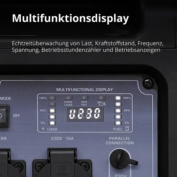 Könner & Söhnen Stromerzeuger KS 4000iEG S - Nennleistung: 4 kW, Tankvolumen: 12 l - Nahaufnahme des dunkelgrauen Bedienfelds eines Generators mit multifunktionalem Digitaldisplay für Last, Ausgang und Kraftstoffstandanzeigen.