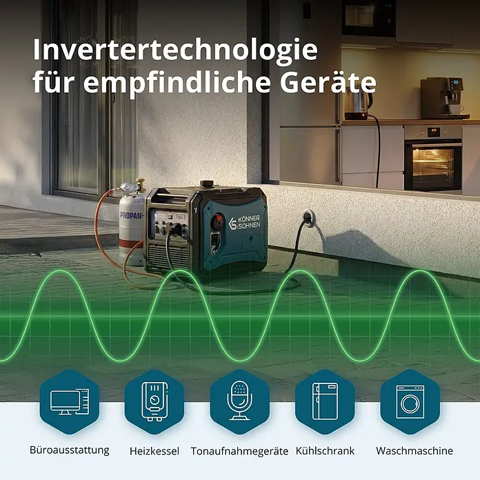 Könner & Söhnen Stromerzeuger KS 4000iEG S - Nennleistung: 4 kW, Tankvolumen: 12 l - Könner & Söhnen Inverter-Generator (dunkelgrau/türkis), für empfindliche Geräte, angeschlossen an eine Gasflasche im Außenbereich.