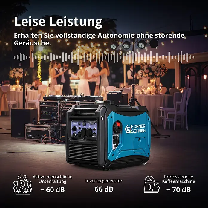 Könner & Söhnen Stromerzeuger KS 4000iE S - Nennleistung: 4 kW, Tankvolumen: 13 l - Ein blau-schwarzer KÖNNER & SÖHNEN Invertergenerator versorgt leise eine Abendveranstaltung im Freien, ohne die Gäste zu stören.