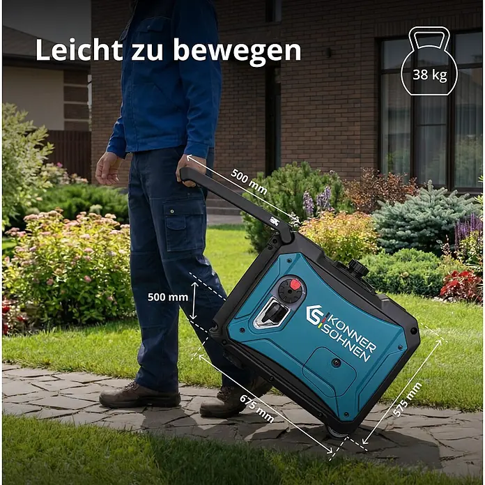 Könner & Söhnen Stromerzeuger KS 4000iE S - Nennleistung: 4 kW, Tankvolumen: 13 l - Mann zieht einen türkis-schwarzen Könner & Söhnen Stromerzeuger auf Rädern, zeigt sein Gewicht von 38 kg und Abmessungen.