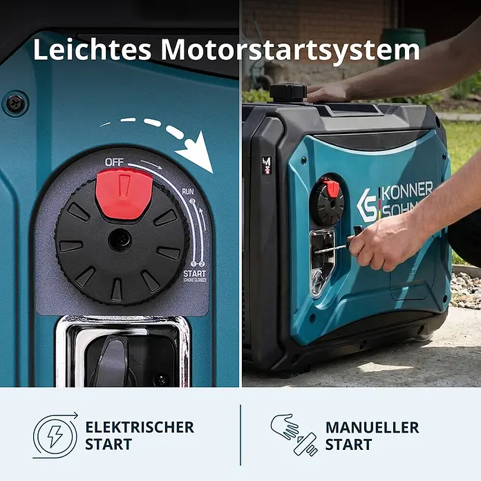 Könner & Söhnen Stromerzeuger KS 4000iEG S - Nennleistung: 4 kW, Tankvolumen: 12 l - Türkis-schwarzer tragbarer Generator mit einfachem elektrischem Drehschalter und manuellem Seilzugstarter.
