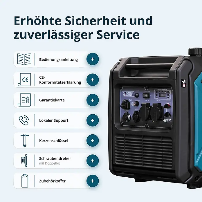 Könner & Söhnen Stromerzeuger KS 4000iE S - Nennleistung: 4 kW, Tankvolumen: 13 l - Tragbarer Inverter-Stromerzeuger in Schwarz und Türkis mit Bedienfeld, Display und Steckdosen.