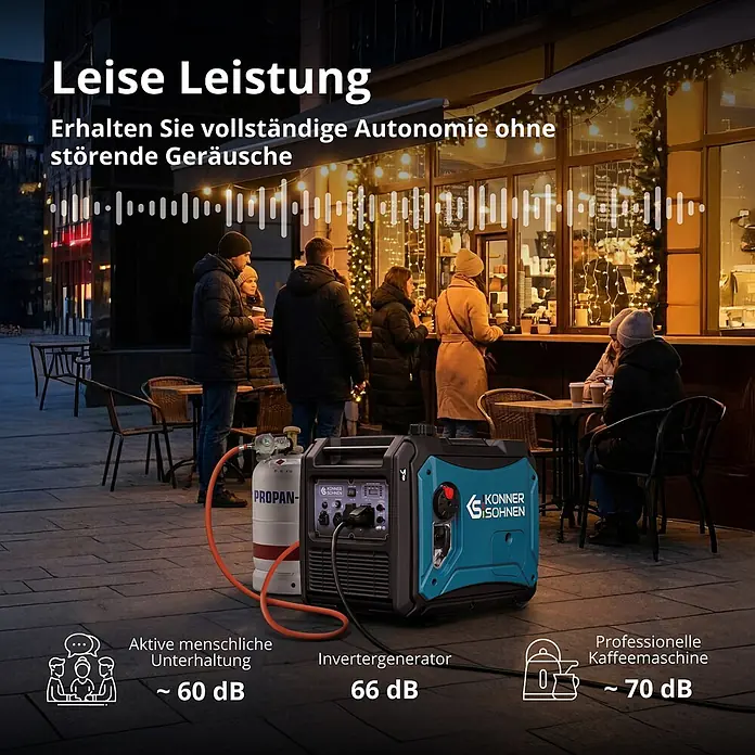 Könner & Söhnen Stromerzeuger KS 4000iEG S - Nennleistung: 4 kW, Tankvolumen: 12 l - Blauer und schwarzer Inverter-Generator von Könner & Söhnen, an Propangastank angeschlossen, im Freien an einem Café genutzt.