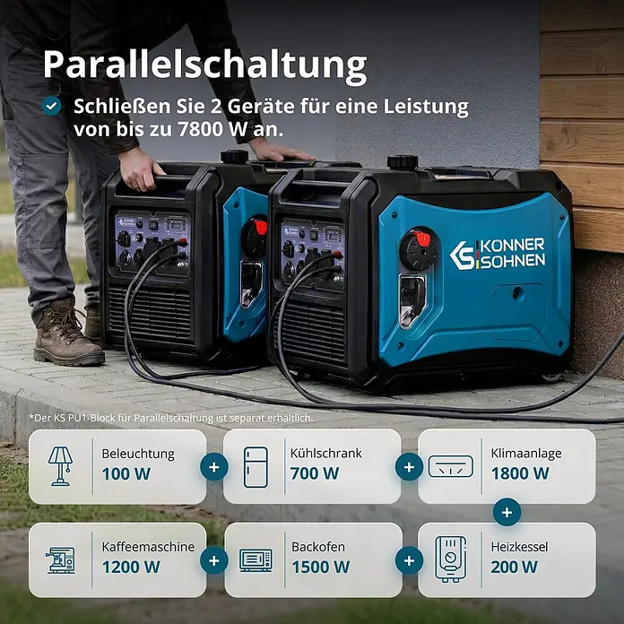 Könner & Söhnen Stromerzeuger KS 4000iE S - Nennleistung: 4 kW, Tankvolumen: 13 l - Zwei blaue und schwarze tragbare Stromgeneratoren parallel geschaltet, die eine kombinierte Leistung von bis zu 7800 W für verschiedene Geräte zeigen.