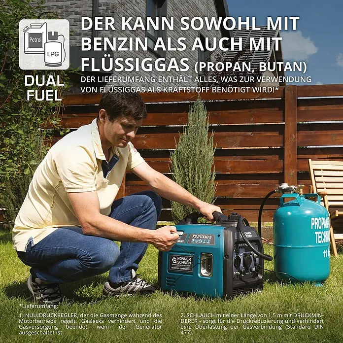 Könner & Söhnen Stromerzeuger KS 2100iG S - Nennleistung: 1,8 kW, Tankvolumen: 4 l - Mann verbindet einen türkisen/schwarzen Dual-Fuel Inverter-Generator mit einer türkisen Propangasflasche im Garten.