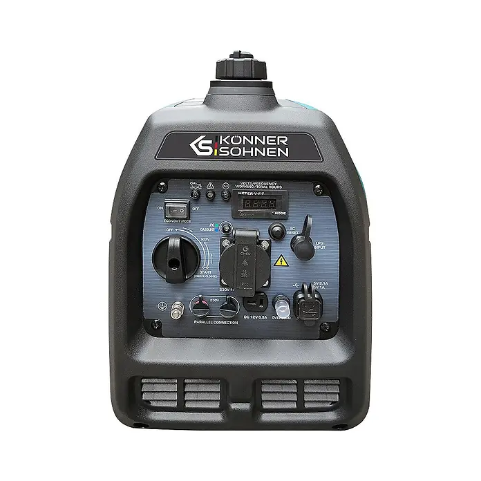 Könner & Söhnen Stromerzeuger KS 2100iG S - Nennleistung: 1,8 kW, Tankvolumen: 4 l - Kompakter dunkelgrauer tragbarer Inverter-Generator mit blauem Akzent, Bedienfeld mit Anschlüssen, Schaltern und Digitalanzeige.