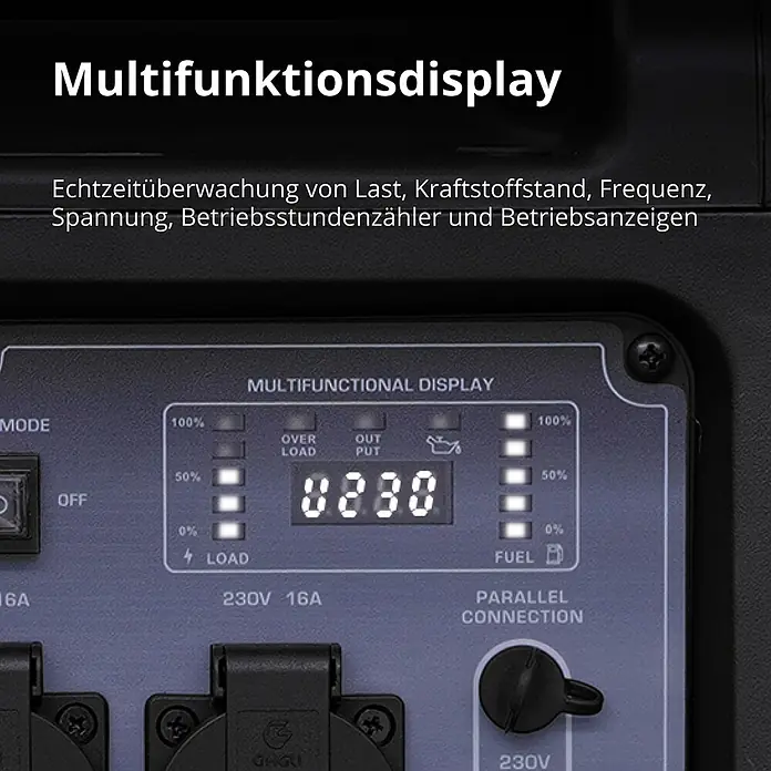 Könner & Söhnen Stromerzeuger KS 4000iE S - Nennleistung: 4 kW, Tankvolumen: 13 l - Dunkelgraues Multifunktions-Anzeigefeld mit Last-, Kraftstoff- und Betriebsdaten. Zeigt digitale Anzeigen und Bedienelemente.