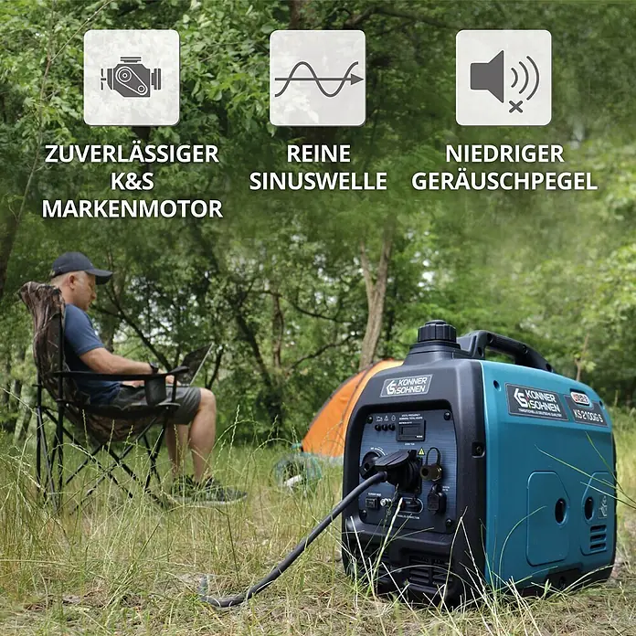Könner & Söhnen Stromerzeuger KS 2100iG S - Nennleistung: 1,8 kW, Tankvolumen: 4 l - Ein blau-schwarzer tragbarer Inverter-Generator versorgt im Freien ein Laptop eines Campers mit Strom. Er trägt das Branding 'Konner & Sohnen KS 2100iG S'.