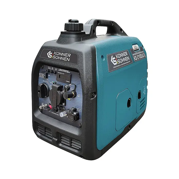 Könner & Söhnen Stromerzeuger KS 2100iG S - Nennleistung: 1,8 kW, Tankvolumen: 4 l - Türkis-schwarzer Könner & Söhnen KS 2100iGS Dual-Fuel Inverter-Generator mit Bedienfeld und Griff.