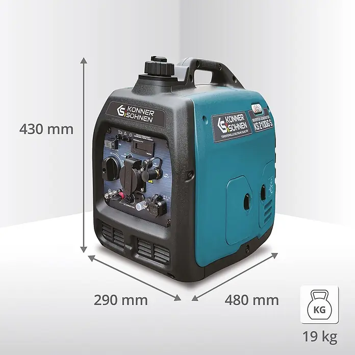 Könner & Söhnen Stromerzeuger KS 2100iG S - Nennleistung: 1,8 kW, Tankvolumen: 4 l - Konner & Söhnen KS 2100iG S Inverter-Generator in Petrol und Schwarz mit Bedienfeld, Maße 430x290x480 mm, Gewicht 19 kg.