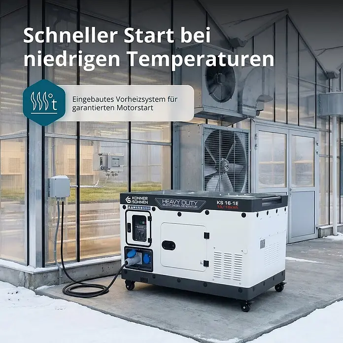 Könner & Söhnen Stromerzeuger KS 16-1E - Tankvolumen: 30 l - Ein weiß-schwarzer Konner & Sohnen KS 16-1E Silent Diesel Generator steht auf einer verschneiten Terrasse neben einem Gewächshaus, angeschlossen und einsatzbereit.