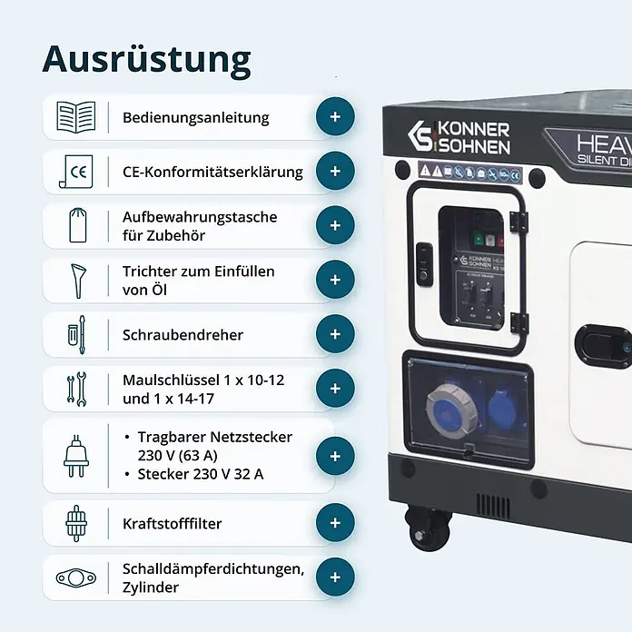 Könner & Söhnen Stromerzeuger KS 16-1E - Tankvolumen: 30 l - Weißer und schwarzer Generator mit Zubehörliste (Handbücher, Werkzeuge, Anschlüsse).