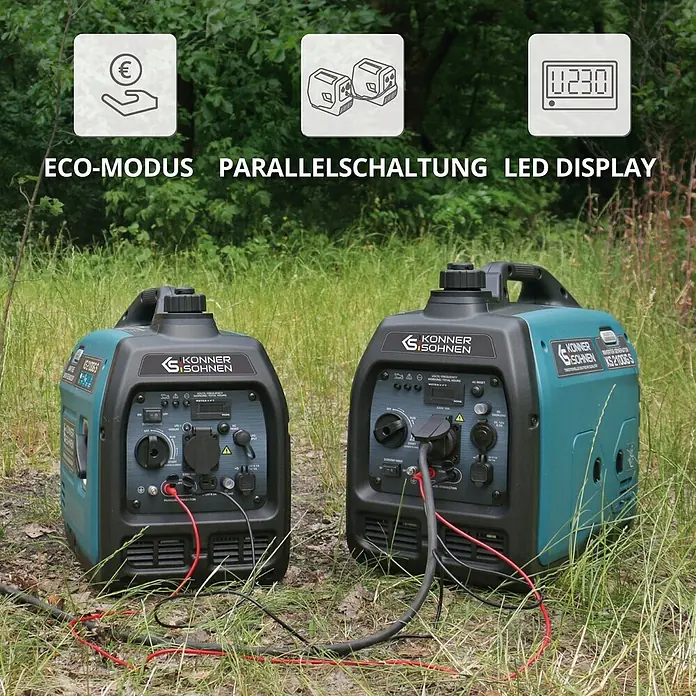 Könner & Söhnen Stromerzeuger KS 2100iG S - Nennleistung: 1,8 kW, Tankvolumen: 4 l - Zwei schwarze und türkisene Könner & Söhnen Inverter-Generatoren im Freien, parallel geschaltet.