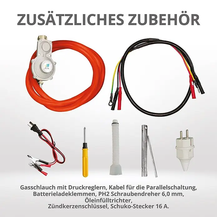 Könner & Söhnen Stromerzeuger KS 2100iG S - Nennleistung: 1,8 kW, Tankvolumen: 4 l - Generatorzubehör: Gasschlauch, Parallelschaltkabel, Batterieklemmen, Schraubendreher, Öleinfülltrichter, Zündkerzenschlüssel, Schuko-Stecker.