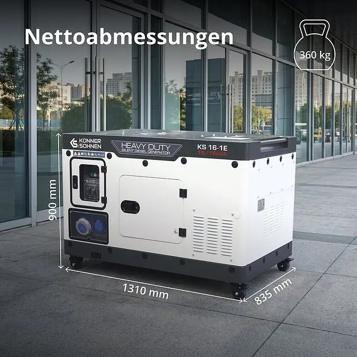 Könner & Söhnen Stromerzeuger KS 16-1E - Tankvolumen: 30 l - Weiß-schwarzer geräuscharmer Dieselgenerator (1310x835x900 mm, 360 kg) in Außenumgebung.