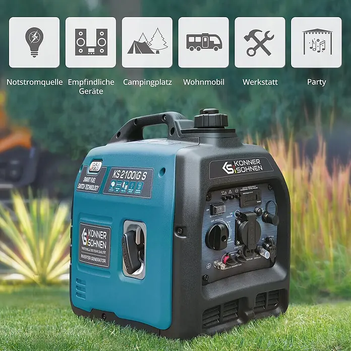 Könner & Söhnen Stromerzeuger KS 2100iG S - Nennleistung: 1,8 kW, Tankvolumen: 4 l - Türkiser und schwarzer tragbarer Inverter-Generator von Könner & Söhnen, vielseitig einsetzbar für verschiedene Strombedürfnisse.