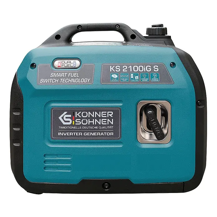 Könner & Söhnen Stromerzeuger KS 2100iG S - Nennleistung: 1,8 kW, Tankvolumen: 4 l - Teal-schwarzer Könner & Söhnen Inverter-Generator mit Dual Fuel und Smart Fuel Switch Technologie, inkl. Startergriff.